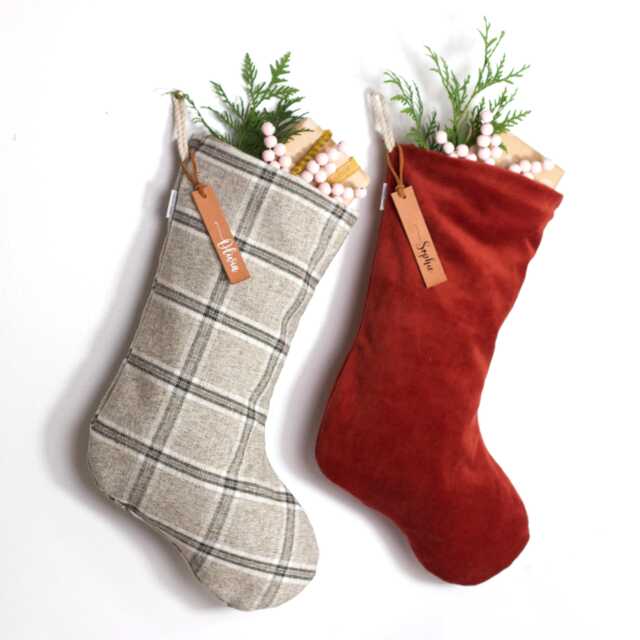 Christmas Stockings, Warm Neutral Grey Plaid Pattern, Soft Red Velvet, Burgundy Holiday Socks - image 1
