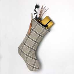 Christmas Stockings, Warm Neutral Grey Plaid Pattern, Soft Red Velvet, Burgundy Holiday Socks - thumbnail 3