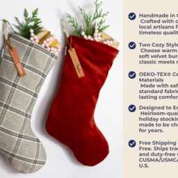 Christmas Stockings, Warm Neutral Grey Plaid Pattern, Soft Red Velvet, Burgundy Holiday Socks - thumbnail 2