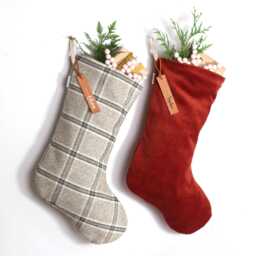 Christmas Stockings, Warm Neutral Grey Plaid Pattern, Soft Red Velvet, Burgundy Holiday Socks - thumbnail 1