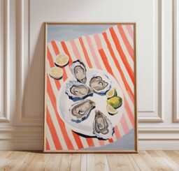 Oysters & Lemon Poster, Coastal Kitchen Wall Art, Seafood Plate Print, Striped Tablecloth Food Illustration, French Riviera Decor - thumbnail 1