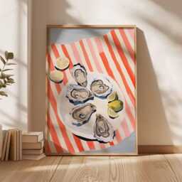Oysters & Lemon Poster, Coastal Kitchen Wall Art, Seafood Plate Print, Striped Tablecloth Food Illustration, French Riviera Decor - thumbnail 3