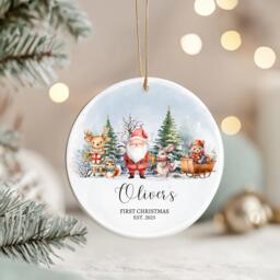 Personalised Baby's First Christmas Bauble 2025 - Custom Santa & Woodland Animals Ornament, Keepsake Gift For Boy Or Girl - thumbnail 1