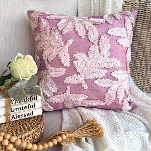 "Ribbon Embroidered Pink Decorative Pillow Sham Cover, 24""x24""/26""x26" - image 1