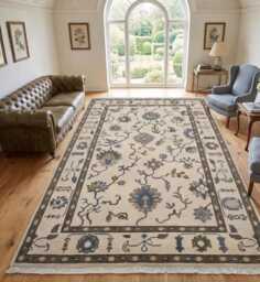 Hand-Knotted Wool Oushak Rug, Ivory Grey Floral Turkish Accent Rug - thumbnail 1