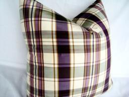 Lilac Plaid Pillow Cover, Modern Checkered Silk Cushion - 18x18 - thumbnail 1