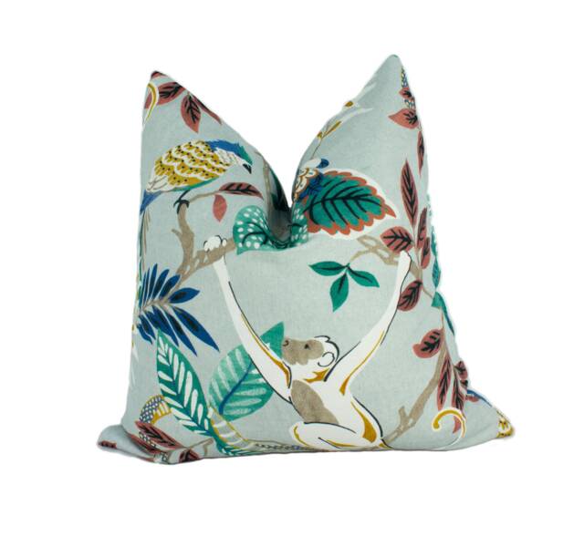 Jane Churchill - Indira Teal Tropical Exotic Monkey Parrot Cushion Cover Handmade Throw Pillow Designer Home Decor - image 1