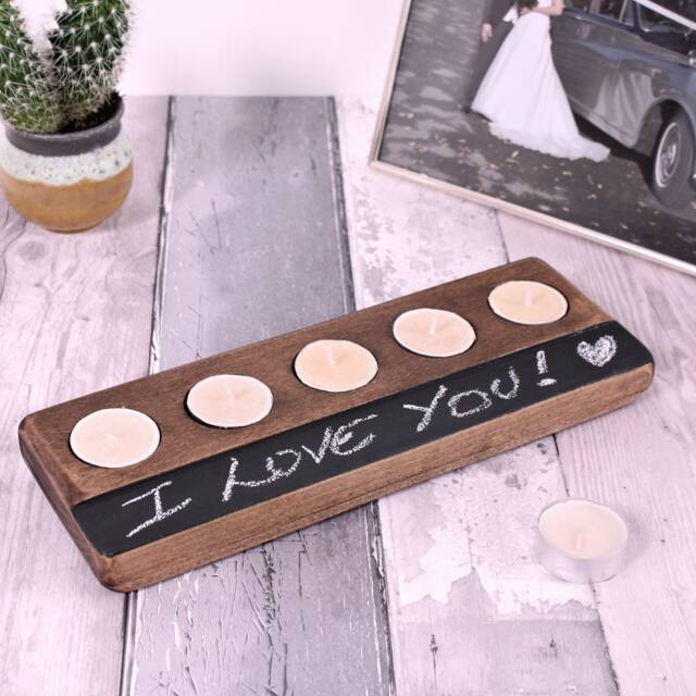 Wooden Chalk Board 5 Tealight Holder - Rustic Wooden Candle Holder 5Th Anniversary Gift Handmade - image 1