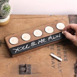 Wooden Chalk Board 5 Tealight Holder - Rustic Wooden Candle Holder 5Th Anniversary Gift Handmade - thumbnail 2