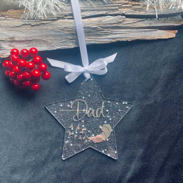 Christmas Star, Memorial Bauble, Silver Sparkle Personalised Feather in Memory Of Dad, Mum, Loved One, Acrylic Star - image 1