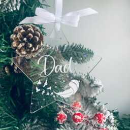 Christmas Star, Memorial Bauble, Silver Sparkle Personalised Feather in Memory Of Dad, Mum, Loved One, Acrylic Star - thumbnail 3
