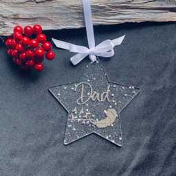 Christmas Star, Memorial Bauble, Silver Sparkle Personalised Feather in Memory Of Dad, Mum, Loved One, Acrylic Star - thumbnail 4