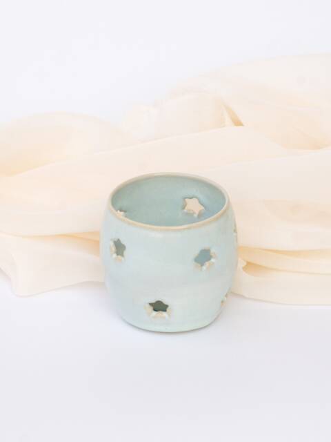 Handmade Ceramic Tea Light Candle Holder Luminary - Turquoise Decor With Stars - image 1