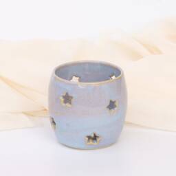 Handmade Ceramic Tea Light Candle Holder Luminary - Turquoise Decor With Stars - thumbnail 2