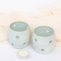 Handmade Ceramic Tea Light Candle Holder Luminary - Turquoise Decor With Stars - thumbnail 3