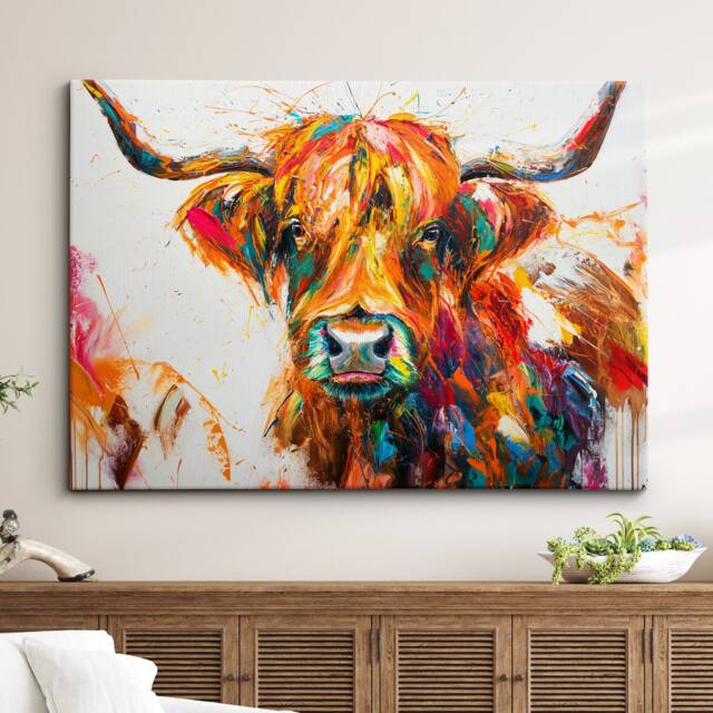 Highland Cow Animal Abstract Oil Painting Colourful Paint Splatter Style Wall Art Framed Canvas Poster Print Home Living Room Decor Gifts - image 1