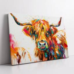 Highland Cow Animal Abstract Oil Painting Colourful Paint Splatter Style Wall Art Framed Canvas Poster Print Home Living Room Decor Gifts - thumbnail 2