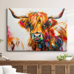 Highland Cow Animal Abstract Oil Painting Colourful Paint Splatter Style Wall Art Framed Canvas Poster Print Home Living Room Decor Gifts - thumbnail 1