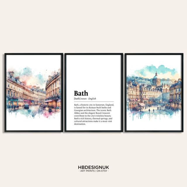 Bath Travel Print Set - Of 3 Watercolour Posters - Somerset Prints Poster Pictures UK Wall Art Artwork Decor - image 1