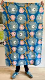 Warm Fleece Blanket With Unique Print For Extra Comfort 100x150 cm, Sherpa Wool/Teddy Fabric, Paper Cut Flowers, Blue, Ochre Yellow & Pink