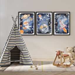 Personalised Set Of 3 Space Prints, Outer Boys Nursery Decor Prints, Wall Art Decor With Planets, Rocket, Astronauts & Fox - thumbnail 1