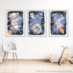 Personalised Set Of 3 Space Prints, Outer Boys Nursery Decor Prints, Wall Art Decor With Planets, Rocket, Astronauts & Fox - thumbnail 3