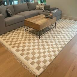 Handwoven Wool Checkered Rug, Beige & White Moroccan Berber Style - thumbnail 2