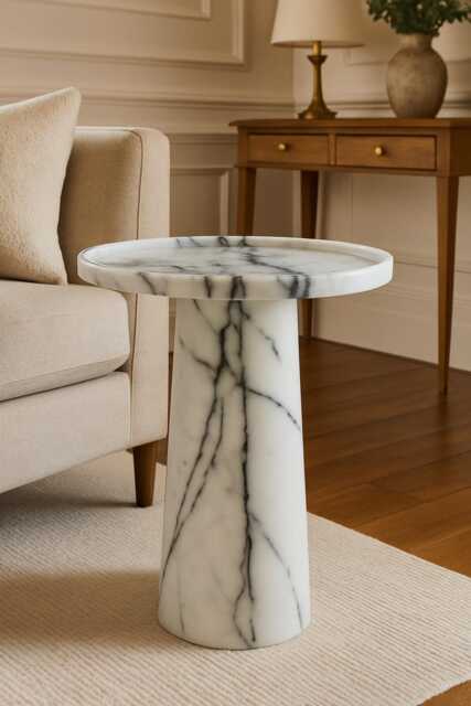 Luxury Side Table - White Marble Modern Minimalist Design -Bespoke Natural Stone Perfect For Living Room Or Bedroom - image 1