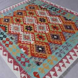 5'3x6'4 Ft Afghan Kilim Rug, Orange Blue Flatweave Geometric Turkmen Tribal Area Oriental Carpet, Rug For Bedroom - thumbnail 2