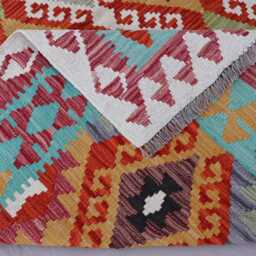 5'3x6'4 Ft Afghan Kilim Rug, Orange Blue Flatweave Geometric Turkmen Tribal Area Oriental Carpet, Rug For Bedroom - thumbnail 4