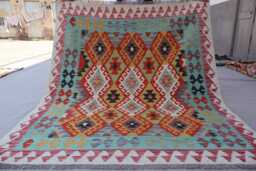 5'3x6'4 Ft Afghan Kilim Rug, Orange Blue Flatweave Geometric Turkmen Tribal Area Oriental Carpet, Rug For Bedroom - thumbnail 1