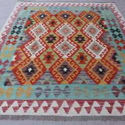 5'3x6'4 Ft Afghan Kilim Rug, Orange Blue Flatweave Geometric Turkmen Tribal Area Oriental Carpet, Rug For Bedroom - thumbnail 3
