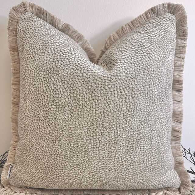 Luxury Beige Fringed Cushion, Velvet Boucle Textured Pillow Cover, Feather Inserts Optional - Handcrafted Style 9 - image 1