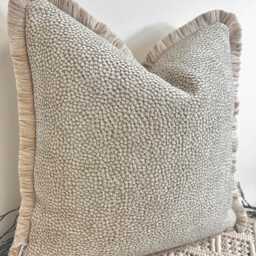 Luxury Beige Fringed Cushion, Velvet Boucle Textured Pillow Cover, Feather Inserts Optional - Handcrafted Style 9 - thumbnail 3