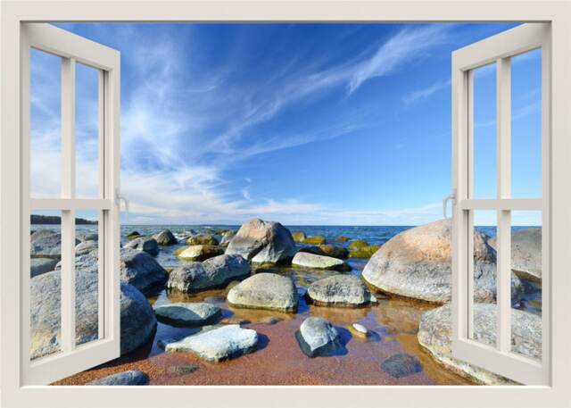 Sea Rocks Wall Decal Mural, 3D Window View Decal, Summer Nature Sticker Living Room Bedroom Home Decor