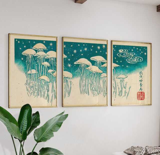 Japanese Jellyfish Wall Art Posters - Vintage Woodblock Style Triptych Teal Beige Ocean Illustration Set Of 3 - image 1