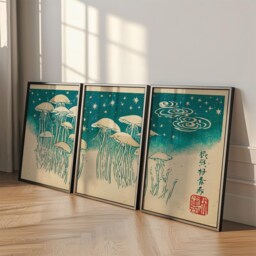 Japanese Jellyfish Wall Art Posters - Vintage Woodblock Style Triptych Teal Beige Ocean Illustration Set Of 3 - thumbnail 3