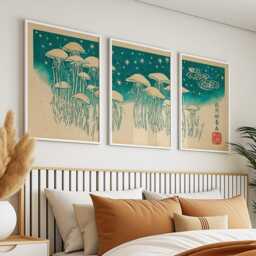 Japanese Jellyfish Wall Art Posters - Vintage Woodblock Style Triptych Teal Beige Ocean Illustration Set Of 3 - thumbnail 2