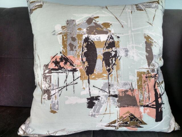 Vintage Barkcloth Abstract Aqua Houses & Trees Pillow Cover - image 1