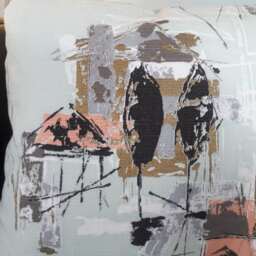 Vintage Barkcloth Abstract Aqua Houses & Trees Pillow Cover - thumbnail 2
