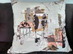 Vintage Barkcloth Abstract Aqua Houses & Trees Pillow Cover - thumbnail 1