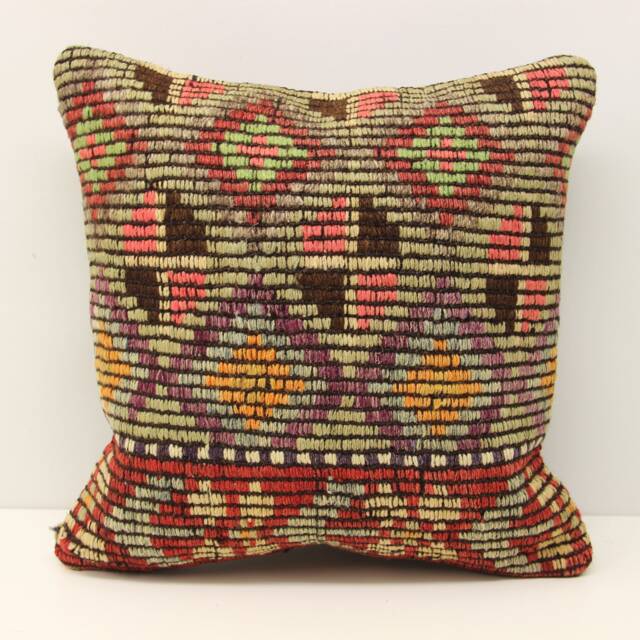 Boho Kilim Pillow Cover, 16x16, Vintage Turkish Woven Cushion - image 1
