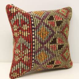 Boho Kilim Pillow Cover, 16x16, Vintage Turkish Woven Cushion - thumbnail 2