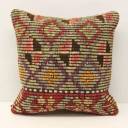 Boho Kilim Pillow Cover, 16x16, Vintage Turkish Woven Cushion - thumbnail 1