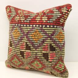 Boho Kilim Pillow Cover, 16x16, Vintage Turkish Woven Cushion - thumbnail 3