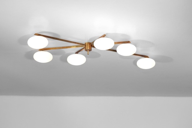 Angelo Lelli Style Brass Sputnik Ceiling Light, Mid Century Modern Opal Globe Flush Mount, Italian Stilnovo Chandelier, Low Fixture - image 1
