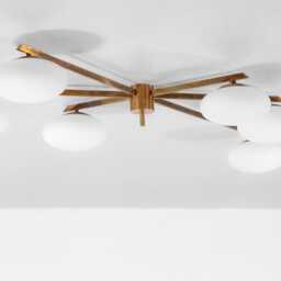 Angelo Lelli Style Brass Sputnik Ceiling Light, Mid Century Modern Opal Globe Flush Mount, Italian Stilnovo Chandelier, Low Fixture - thumbnail 2