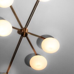 Angelo Lelli Style Brass Sputnik Ceiling Light, Mid Century Modern Opal Globe Flush Mount, Italian Stilnovo Chandelier, Low Fixture - thumbnail 3