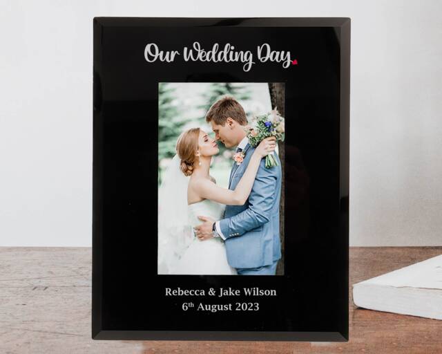 Wedding Gift, Personalised Mr & Mrs Photo Frame, Our Day Keepsake Newly Married Couple Black Or Clear Glass 6x4 Or7x5 - image 1