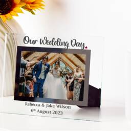 Wedding Gift, Personalised Mr & Mrs Photo Frame, Our Day Keepsake Newly Married Couple Black Or Clear Glass 6x4 Or7x5 - thumbnail 3